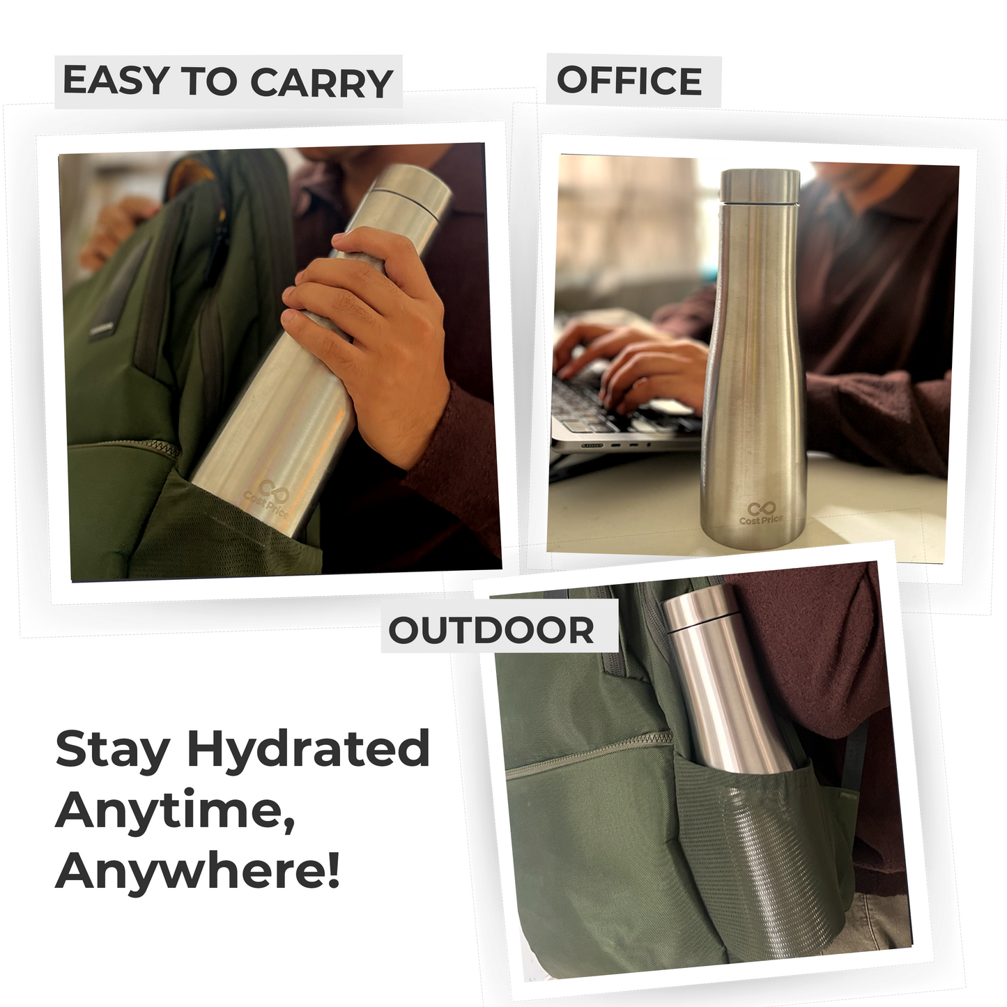 Cost Price | Stainless Steel Water Bottle 1 litre | Food grade SS - 304 (BIS certified) | Water bottle for Office, Home, Kids and Outdoors | Light, Durable and Leak-proof | Single Wall (2)